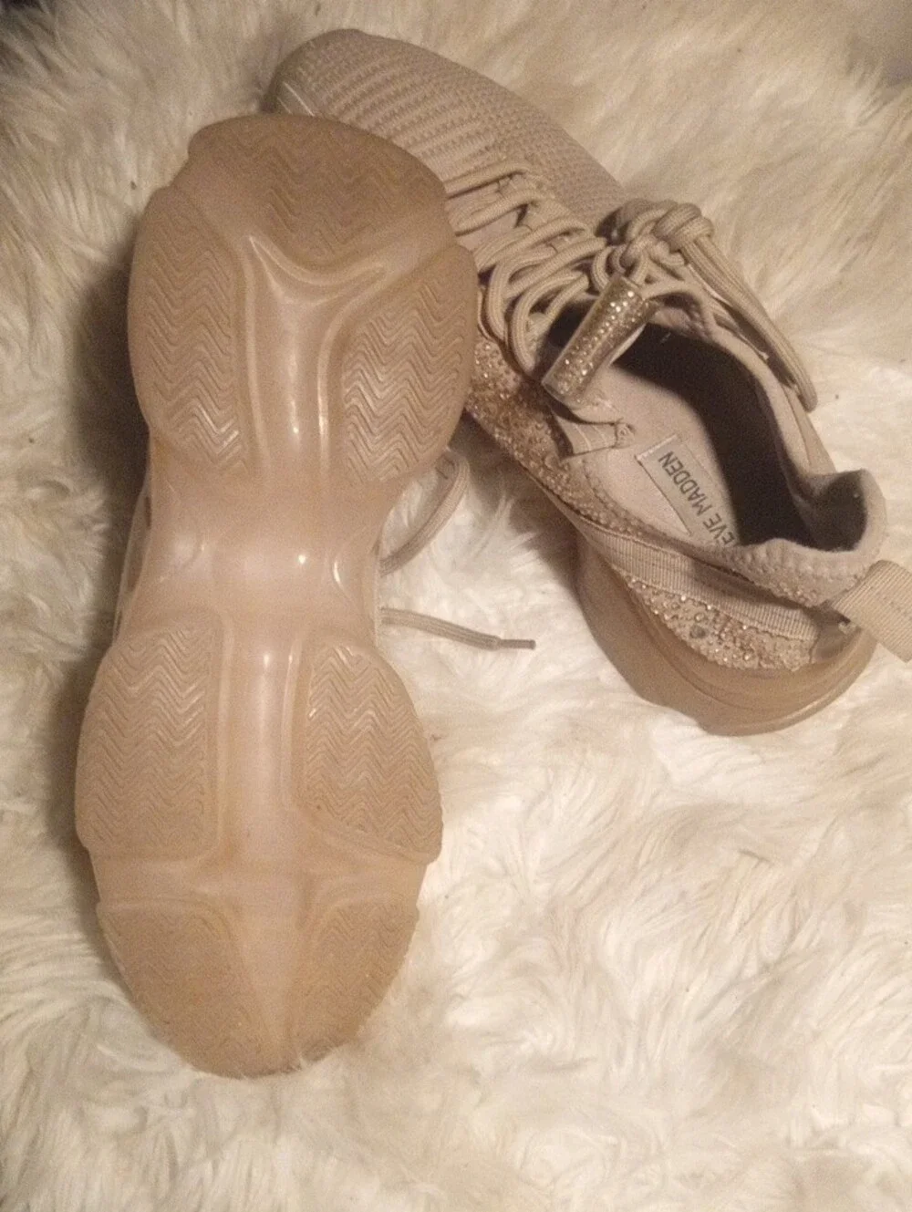 Steve Madden Beige Knit Sneaker with Rhinestone Accent